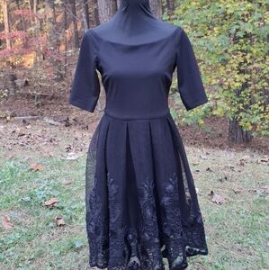 Betsy & Adam Off Shoulder Black Cocktail Dress Pleated Mesh Ribbon Skirt Size 10